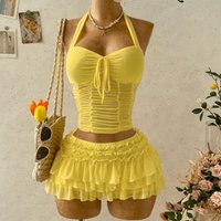Skirt Set for Women Vacation New Sleeveless Halter Lace-up Mini A-LINE Women Skirt Set Two Piece Sets Womens Outfits 2026 Q3879