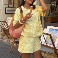 Summer Beach Casual Comfortable Sets Women Spring Turn-down Collar Button Top & Shorts Outfit Retro Solid Short Sleeve Knit Suit
