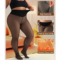 Plus Size Women'S Thermal Tights High-Waist One Seam Fleece Lined Tights Sexy Black Translucent Pantyhose Sheer Fleece Leggings