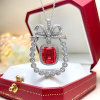 Elegant Bowknot Necklace 925 Sterling Silver Lab Sapphire Ruby Full Diamonds Pendant Penckalce for Women Classic Wedding Jewelry