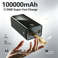 7-in-1 POWER MONSTER! 66W Schnellladegerät 100000mAh Powerbank: 4 USB-Ausgänge + 3 Eingangsanschlüsse (Typ-C, Micro, Lightning). Ausgestattet mit LED-Bildschirm, starker Taschenlampe und Handschlaufe.