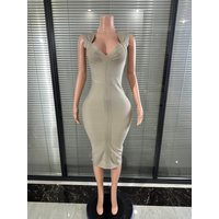 Glamorous Beige Bandage Midi Dress Women Sleeveless Deep V Neck Bodycon Nightclub Party Clubwear Sexy Evening Outfit