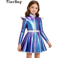 Kids Halloween Alien Costume Girls Metallic Shiny Zipper A-line Tutu Dress for Outer Space Robot Astronaut Dress Up Performance
