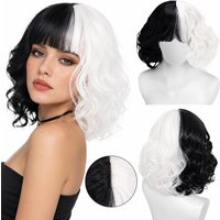 Black White Half Short Curly Wig With Bangs Synthetic Cosplay Wig For Women Halloween Party Costume Fancy Dress Role Play Prop