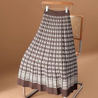 Autumn Winter New Plaid Printing Fashion Elastic Waist A-line Skirt Women High Street Casual Pleated Knitting Elegant Skirts
