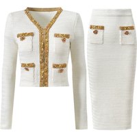 High Quality New Fashionable Elastic Knitted V-neck Luxurious Exquisite Nail Bead Piece Cardigan Slim Fit Short Skirt Women Set