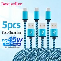 New 5/1PCDurable Nylon Braided USB Type C Cable 2.4A Fast Charging Data Sync for Huawei Android Mobile Devices 1M Length Cord