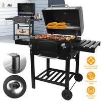 qwLarge Outdoor Grill with 2 Caster Wheels - Heavy-Duty Cast Iron Construction, Foldable Compact Design, Built-in Thermometer & Multi-Level Cooking - Includes 2 Grates, Ash Pan & Storage Racks for