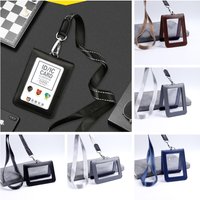 New 1pc Double-sided Clear Leather Badge Holder ID Badge Holder Folding Card Holder Card Anti-lost Holder School Office Supplies