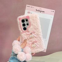 Luxury 3D Bowknot Pearl Fluffy Plush Phone Case For Samsung Galaxy S26 S25 S24 S23 Ultra Plus A57 With Bracelet Shockproof Cover