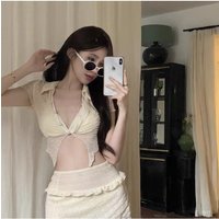 Women New Beach Wear Swimsuit Short Sleeve Three-pieces Swimsuit Ruffle Solid Cover-Ups High Waist Slimming Swimwear Vacation