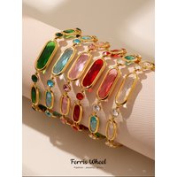 Ferris Wheel Long Oval Stained Stainless Steel Bracelet for Women Luxury Czech Glass Stones Gold Plated Charming Jewelry
