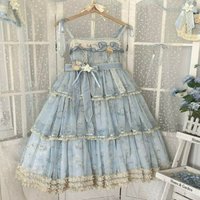 Japanese Kawaii Lolita Style Dress Women Sweet Elegant Lace Ruffles Floral Print Bow Sling Dress Girls Cute Tea Party Mini Dress