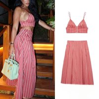 KONDALA Sexy Striped Print Women Suits V Neck Corset Short Tops High Waist Loose Skirts Fashion 2025 Summer Beach Style Sets