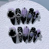 10pcs Bow Purple Y2k Hot Girl Handmade Press on Nails Sweet Cool with Diamond Metal Decoration Wearable Artificial False Nail