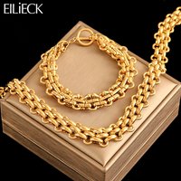 EILIECK 316L Stainless Steel 18K Gold Plated Cuban Chain Statement Necklace Bracelet Set Charm Fashion Women Waterproof Jewelry