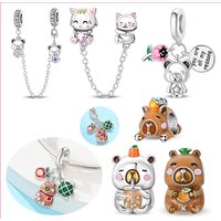 925 Sterling Silver Mini Bear Safety Chain Fit Original Bracelets Bag Keychain Charms Beads Pendant Diy Women Jewelry Gift