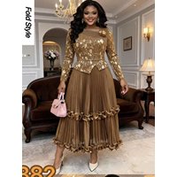 2026 Loose Miyake Women's Fashion Pleated Casual Long Sleeve Dress Loose Printing Bronzing Long Dress New
