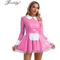 Women Sexy Faux Latex French Maid Dress Halloween Sweet Lolita Cosplay A-line Mini Dress Clubwear Maidservant Waitress Costume