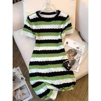 2025 New Colorful Striped Crew Neck Dress Chic Short Sleeve Bag Hip Mini Knitted Dress For Spring & Summer Women's Clothing