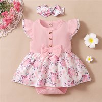 0-18 Monate Baby Mädchen Blumenspielanzug Kleid Fliegenärmel Sommer gerippter Overall mit Stirnband Neugeborenes Baby Mädchen 2-teiliges Outfit