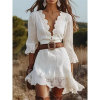 Women's Sexy Lace Splicing Deep V Neck Mini Dresses Spring Summer Fashion White 3/4 Sleeve Casual Dress Boho Holiday Beach Dress