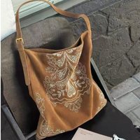 Retro Bohemian Print Tote Bag Women Brown Suede Large Capacity Handbag Ladies Daily Commute Versatile Ethnic Style Shoulder Bags