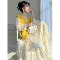Spring Gentle Wind Casual Floral Knitted Dr And Vest Set Soft Sle Long Sve V-Ne H-ape Two-Piece Suit for Women