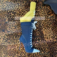 Yellow Navy Blue Color-Block Knee High Boots Women Trendy Lace-Up Pointed Toe Denim Stiletto Boots Lady Edgy Street Style Boots