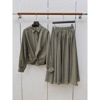 SpringSummer New Women's Holiday Style Solid Color Set Series Knot Neck Shirt pleated Half Skirt Exquisite Women's Fashion