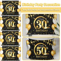Bannière Happy Birthday en or noir pour décoration de fête, fournitures de ballon pour adulte, pour les 30, 40, 50 et 60 ans