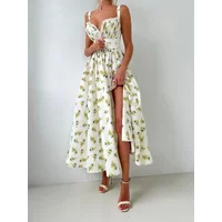 Wolfeel 2025 Summer New Fashion Print Cami Dress Women High Waist Slit Maxi Dress Elegant Vacation Long Dress