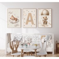 3pcs/set Bohemian Teddy Bear Animal Custom Baby Name Nursery Canvas Poster Star Cloud Birthday Wall Art Print for Home Decor