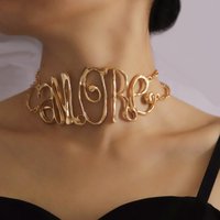 Fashion Exaggerated Chunky Heavy Metal Torques Choker Necklace Women Punk Goth Hollow Letter Chain Grunge Jewelry Steampunk Men