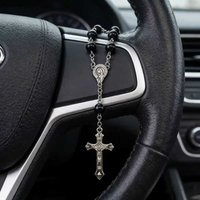 Car Mirror Steering Wheel Rose Rosary Pendant, Car Pendant, Car Cross Pendant (Black)