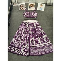 Retro geometric print suspenders tube top two-piece set 2026 summer women's clothing + high waist loose skirt fashion suit