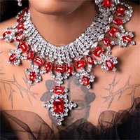 Exaggerate Red Square Necklace Rhinestone Hanging for Women Vintage Trending Geometric Accessories Girls Party Jewelry
