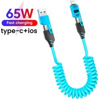 2 in 2 65W Spring Short Data Cable Smartphone USB Type C Spring Telescopic Quick Charger Wire Spring USB Cable for iPhone Xiaomi