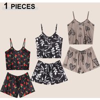 1 Sets Summer Printed Cami Sleeveless Top and Shorts Sleepwear Women Sexy Leisure Adjustable Belt Loungewear Female Soft Pajama
