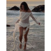 Weird Puss Sexy See Through Dress Women Long Sleeves High Slits Slash Neck Folds Beach Party Vacation Summer Elegant Vestidos