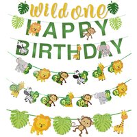 Wild Jungle Safari 1st Birthday Photo Banner Lion Tiger Animal Pattern Birthday Bunting Banner Paper Flags Birthday Decoration