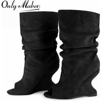 Onlymaker Women Black Ruched Peep Toe Slouchy Boots Studded Wedge Heel Curved Faux Suede Folded Short Pull On Mid Calf Boots