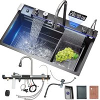 Multifunctional Digital Display Waterfall Sink | LED Display, Pull Down Sprayhead Faucet, Smart Modern Nano Black Bar, Stainless Steel, Rectangle Shape, With Cup Washer, Soap Dispenser, Rain