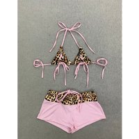 Summer popular versatile leopard print pink border strap bikini set Millennium subculture Y2k sexy sweet cool style bikini set