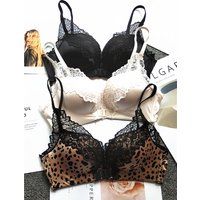 MOYISU Front Closure Bralette Panty Set Women Push-Up Enhancer Small Chest Wireless Leopard Trim Adjustable Straps Girly Allure