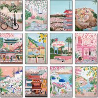 Spring Travel Cities Italy Japan New York Modern Cartoon Illustrations Poster Diamond Paintings Wall Art HD Pictures Home Deco