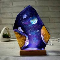Astronaut Galaxy Resin Figure Ornament with Solid Wood Base, Space Collectible Desktop Decor Night Light