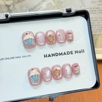 10pcs 3D Cupcake Handmade Nails Polka Dot Cat-Eye Cute Bear Press on Nail Short Square False Nail for Women&Girl Fake Nail Tips