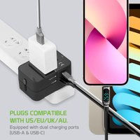 All-in-One Universal Travel Adapter, USB C USB A International Power Plug Surge Protector for Phones Laptops USA EU UK AU