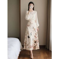 Women Two Piece Set White Chiffon Blouse And ne Floral Print Maxi Skirt Elegant Vintage Chinese Style Outfit